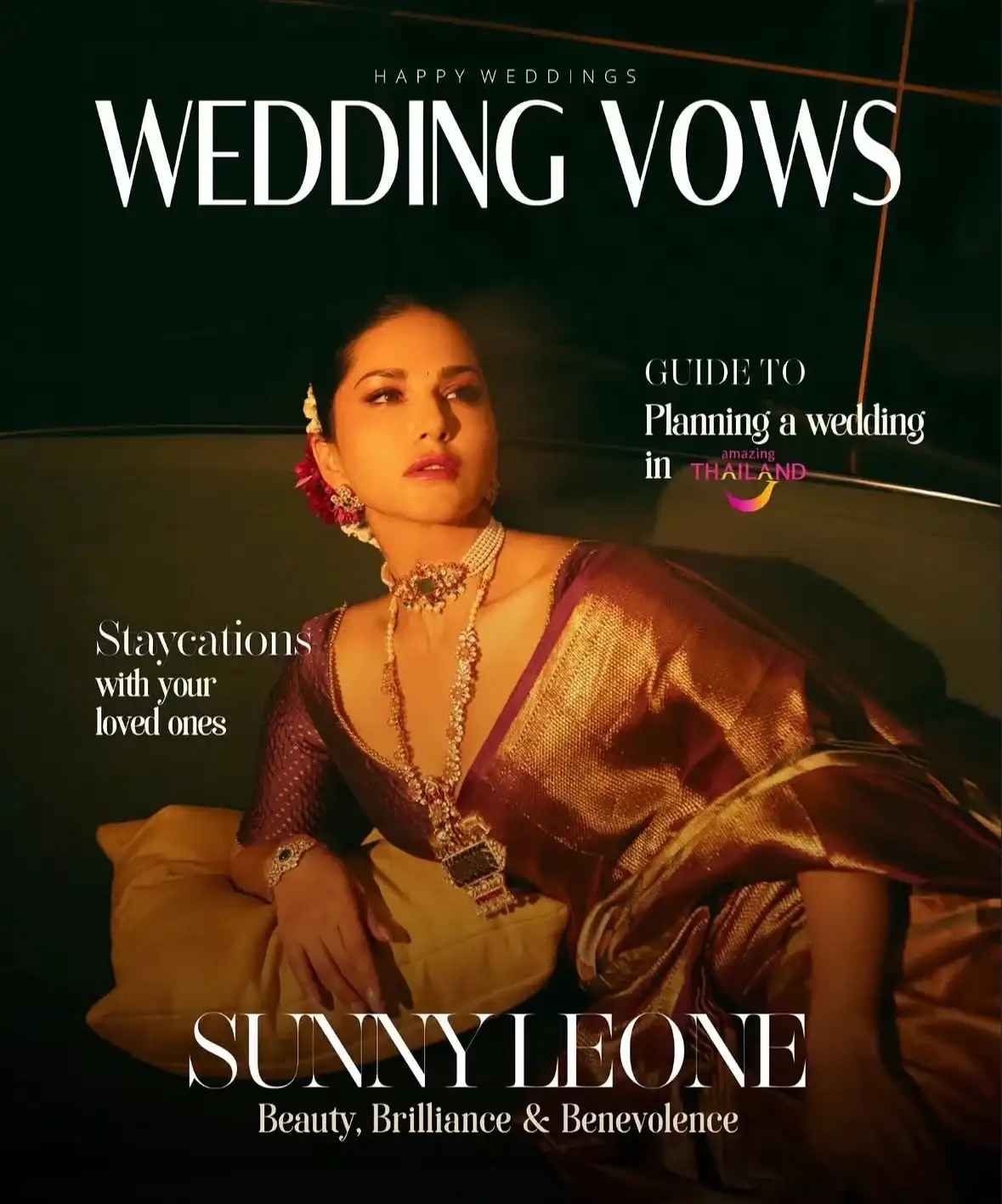 Wedding Vows magazine cover - golden-hour portrait in silk saree